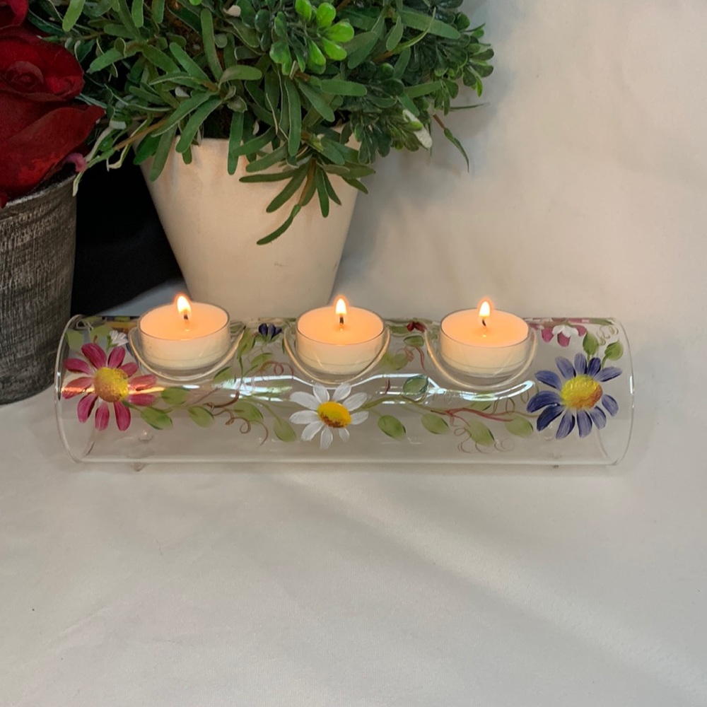 Beautiful HAND PAINTED 3 hole glass tube votive / tea light candle holder